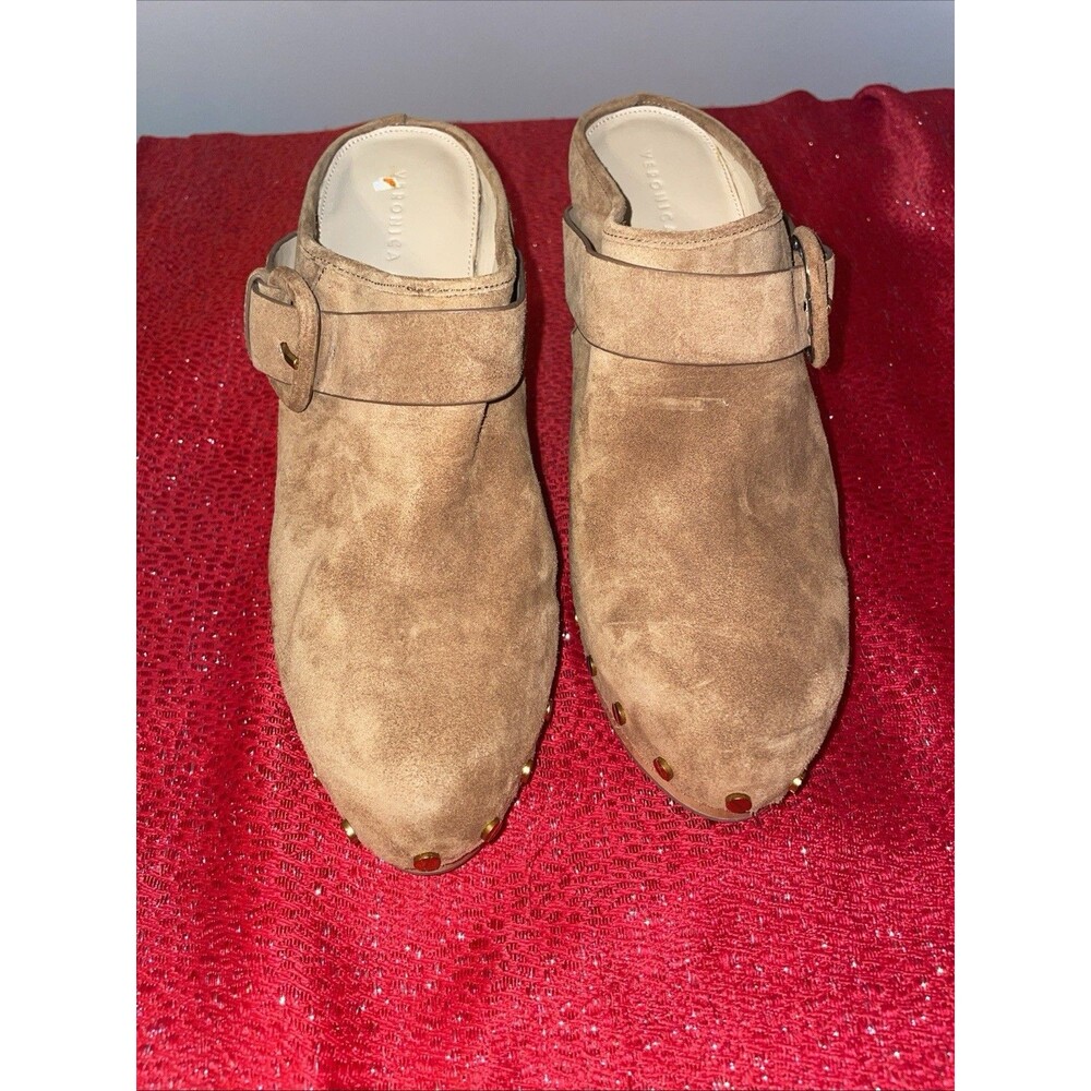 Veronica Beard Dacey Buckle Suede Clogs size 11M USA women Tan Pecan Wood Metals